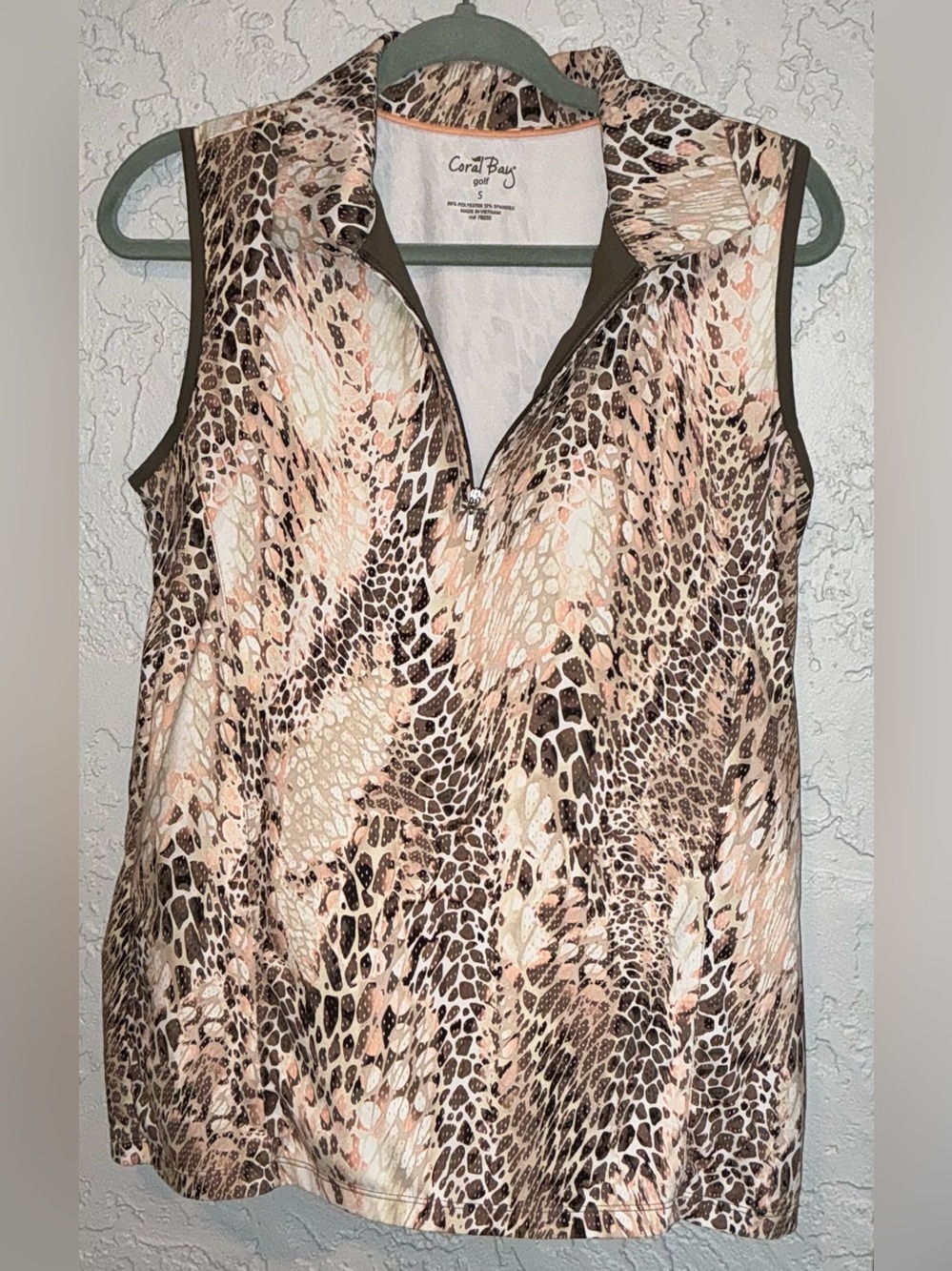 Coral Bay Golf Sleeveless Zip-Front Animal Print Tank in Beige, Peach and Brown